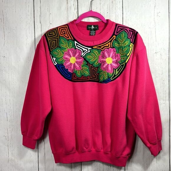 Hunt Club Vintage Embroidered Hot Pink Long Sleeve Crewneck Pullover Sweater - Picture 5 of 13
